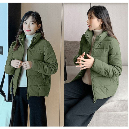 Stand-Up Collar Cropped Solid Puffer Jacket
