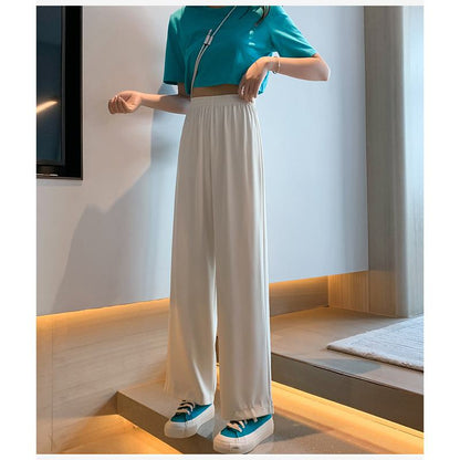 Pantalones de calidad versátiles, casuales, rectos y amplios hasta el suelo con talle alto y caída fina.