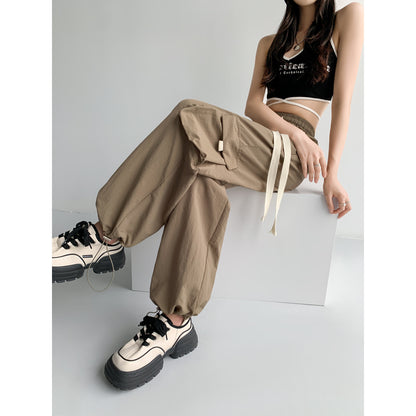 Loose-Fit Casual Silky High-Waisted Multi-Pocket Quick-Drying Sash Wide-Leg Cargo Pants