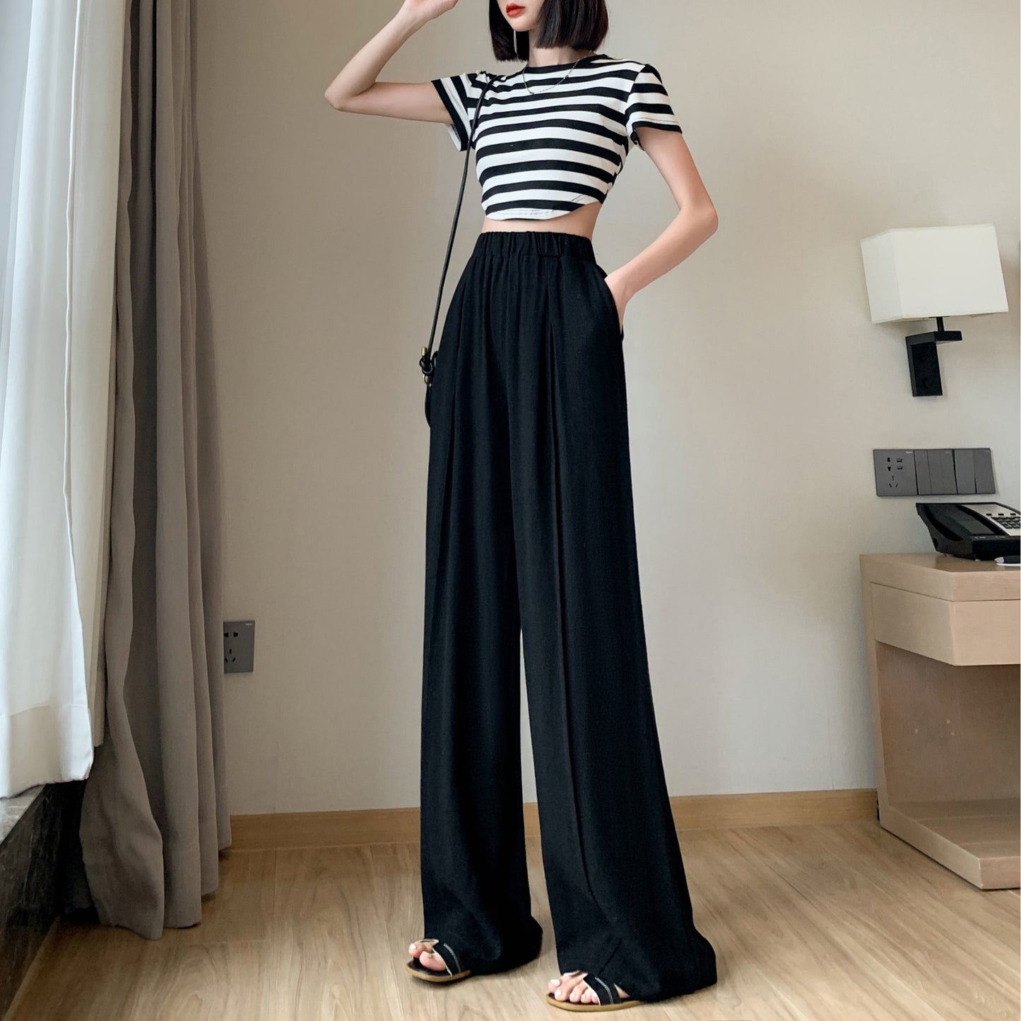 Loose-Fit Silky Linen High-Waisted Lazy Thin Pants