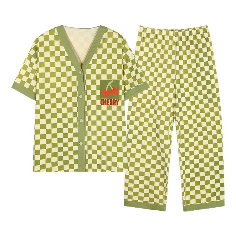 Conjunto de pijama de algodón a cuadros con botones delanteros y estampado de cerezas