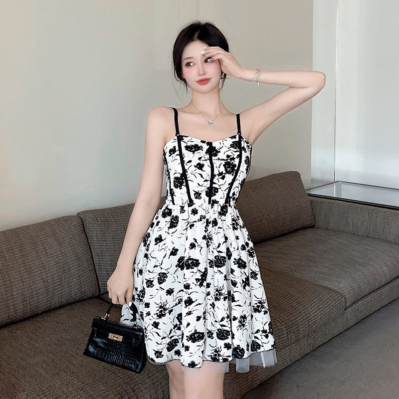Cami Cinched Waist Fluffy Floral Print Solid Dress