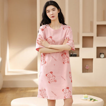 Midi Pink Tightly Woven Pure Cotton Bear Pattern Lounge Dress