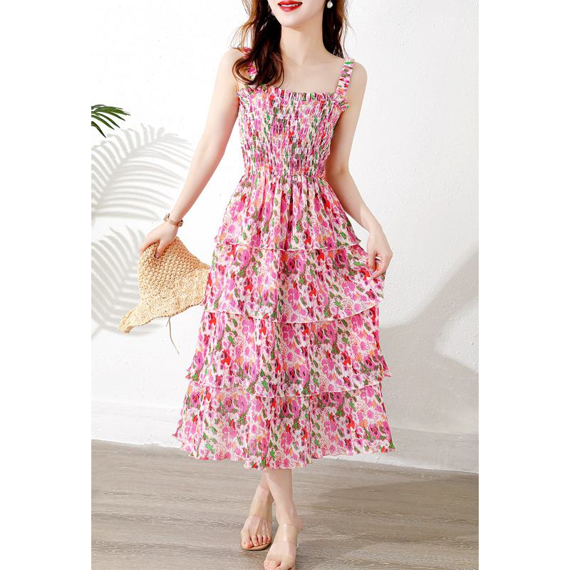 Pleated Vacation Niche Floral Print Multi-Layer Dress