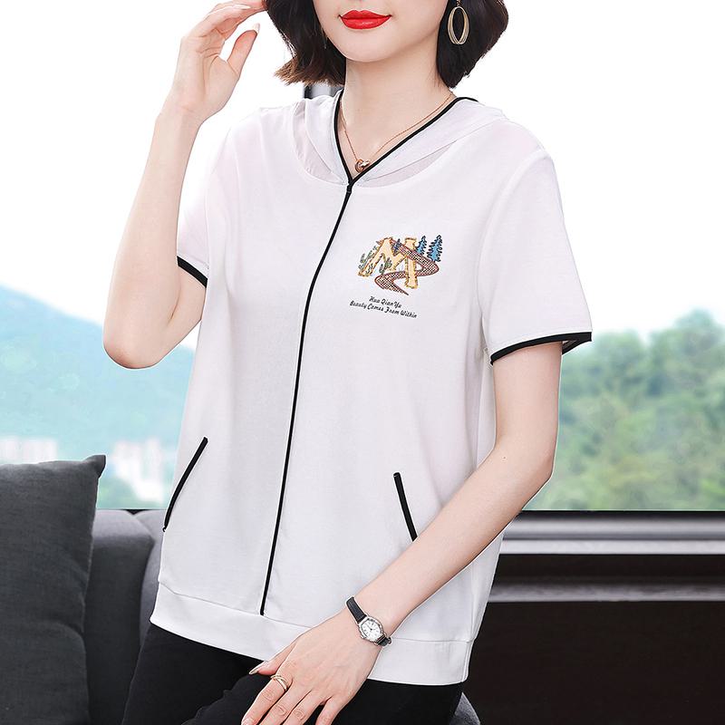 Embroidery Chic Loose Fit Hooded Casual Short Sleeve Tee