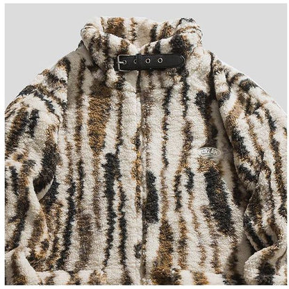 Loose Fit Thickened Zebra Pattern Patch Pocket Stand-Up Collar Fleece Jacket