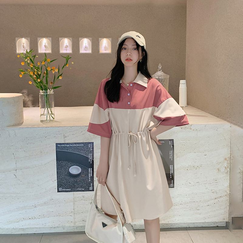 Collar Pink Slimming Tie-Up Loose Fit Chic Patchwork Half-Sleeve Dress