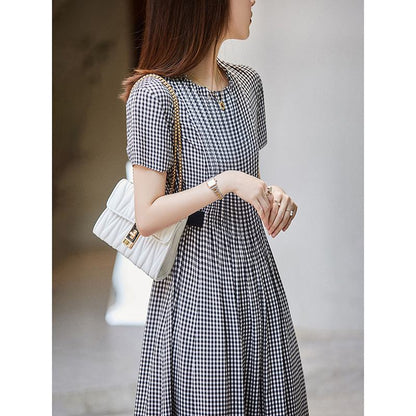 Pleated Chic Checkered Pattern Cinched Waist French Style Dress
