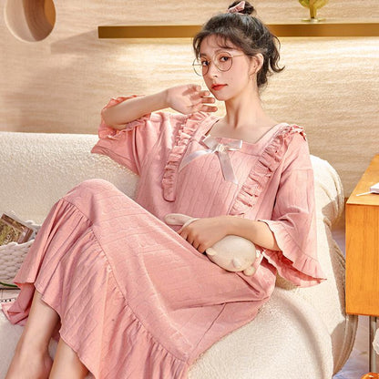 Solid Color Cotton Crash Color Pleated Pink Jacquard Night Dress