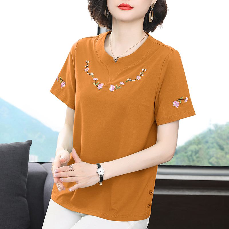 Button Belly-Covering Versatile Loose Fit Pure Cotton Embroidery Short Sleeve Tee