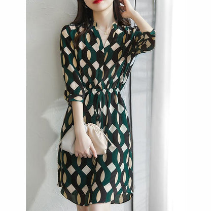 Floral Print Medium Sleeve Adjustable Geometric Slimming Pattern Dress
