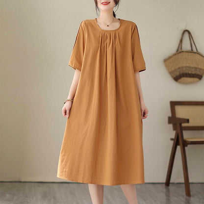 Vestido de lino de línea A, con un estilo sencillo, sólido y holgado.