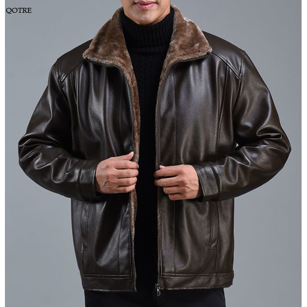 Loose Fit Fleece-Lined Leather Jacket