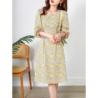 Midi Cinched Waist Floral Print French Style Dress