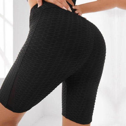 Pantalones cortos deportivos de malla elástica de jacquard para yoga de cintura alta