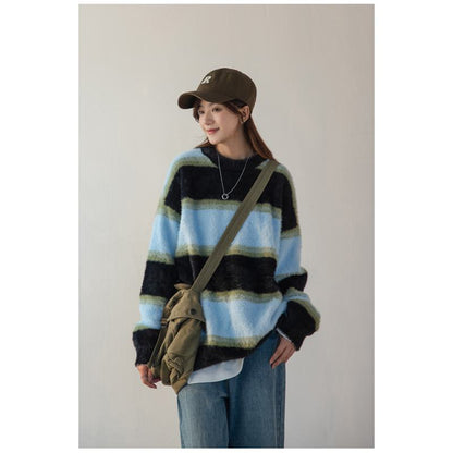 Stripe Alpaca Wool Thickened Knitted Loose Fit Lazy Sweater