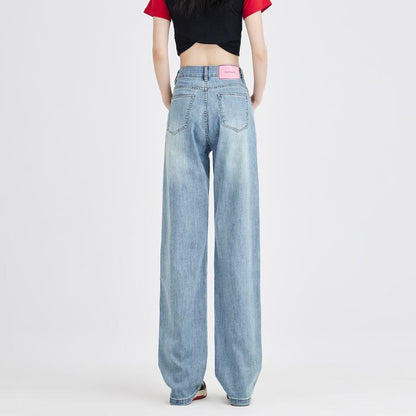 Jeans mit hoher Taille, geradem Bein, bodenlanger Länge, weich, schlankmachend, dünn und schlicht.