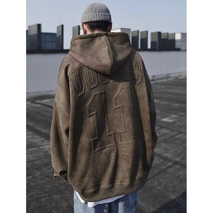 Worn-Out Look Retro Plus Washed Out Suede Camel Velvet Hoodie