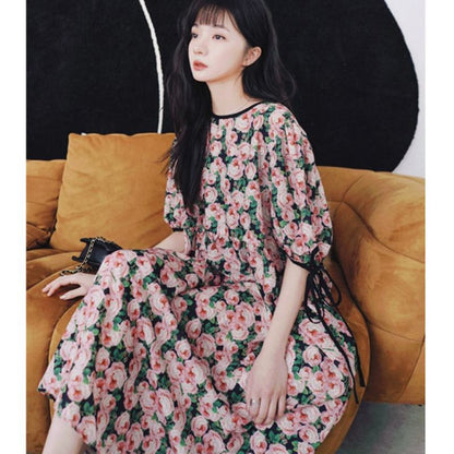 French Style Floral Print Chic Fat Covering Long Style Gentle Niche Casual Fashion Dress