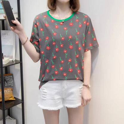 Elegante Camiseta de Manga Corta con Cuello Redondo, Estampado de Flores, Ajuste Holgado y Adaptable para Adelgazar.
