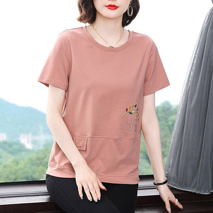 Embroidery Round Neck Slimming Loose Fit Short Sleeve Tee