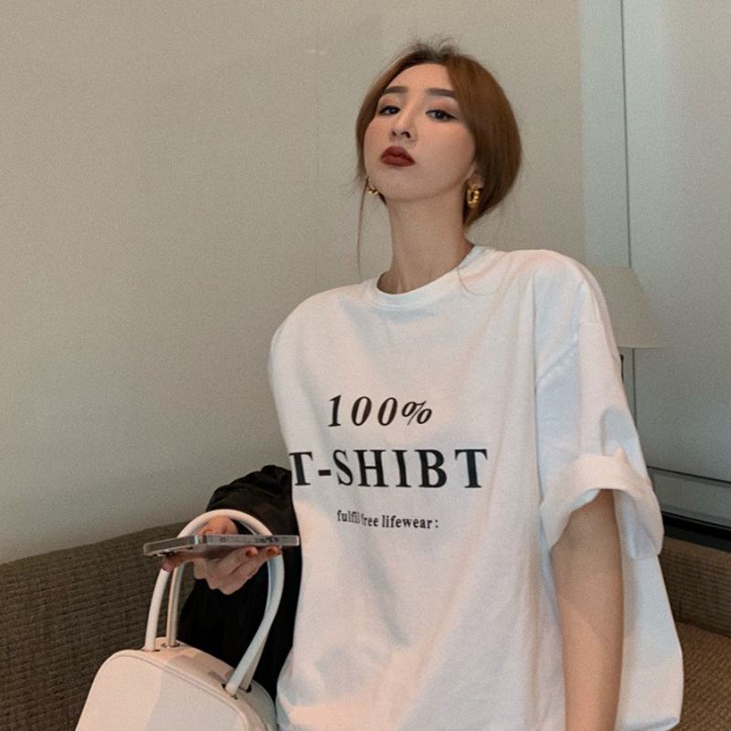 Women's T-Shirt Pure Cotton Loose Fit Letter Midi Short Sleeve Tee