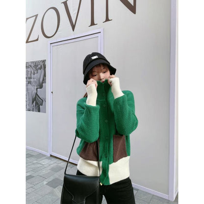 Chic High-Necked Color Blocking Niche Knitted Lazy Cardigan