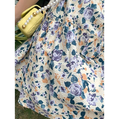 French Style Floral Print Cinched Waist Unique Super Fairy Slimming Bubble Sleeve Dress
