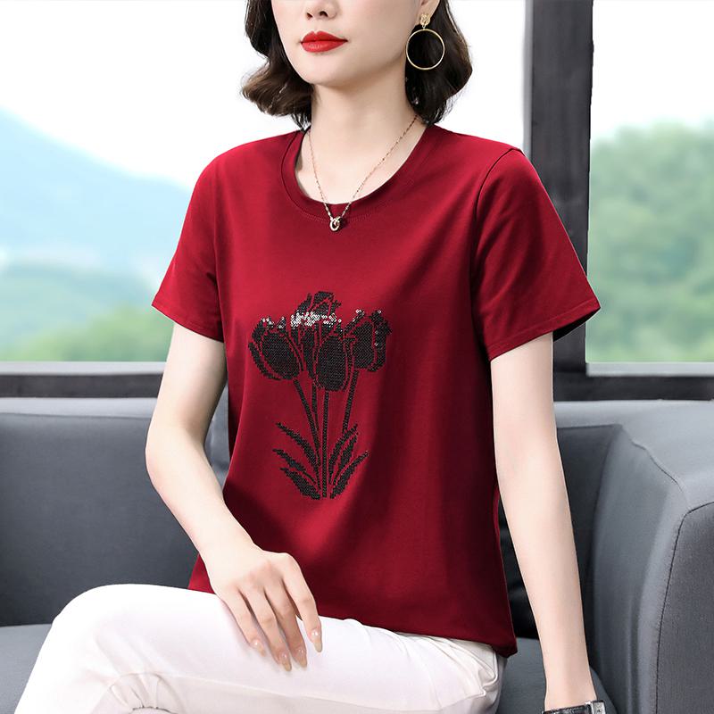 Camiseta de manga corta de algodón puro con cuello redondo, suelta, bordada con cuentas y lentejuelas de rosa.
