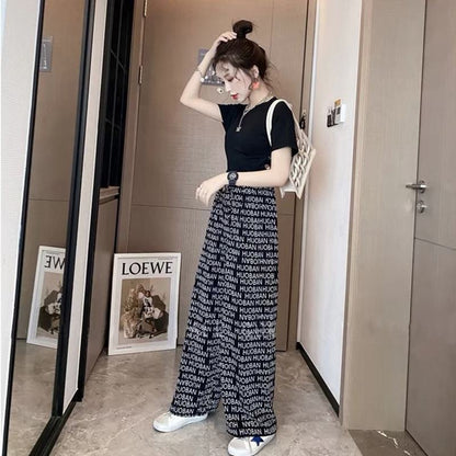 Print Retro Letter Thin High-Waisted Straight Niche Draping Pants