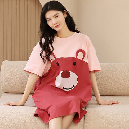 Vestido de estar en casa de algodón puro rojo tejido ajustado con estampado de oso