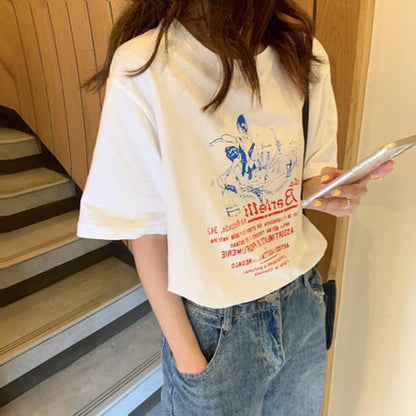 Camiseta de manga corta estilo suelta con estampado de letras y corte midi