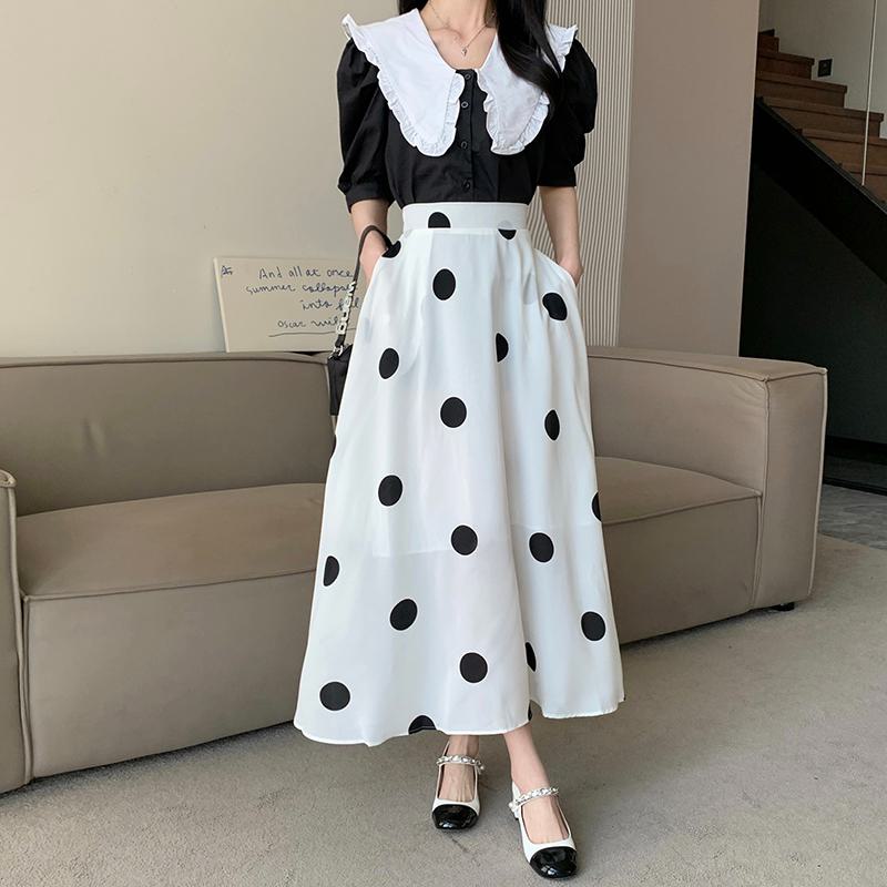 High-Waisted Chiffon Polka Dot Pocket Full Skirt Style Elastic Waist Skirt