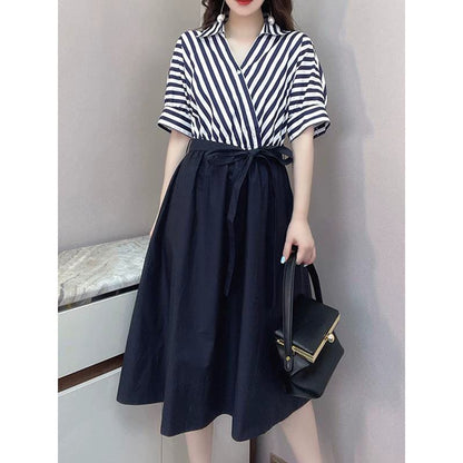 V-Neck French Style Stripe Patchwork Light Elastic Dress