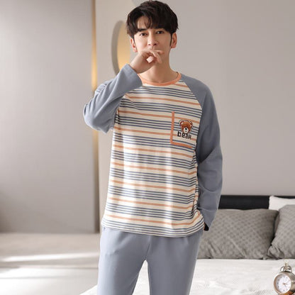 Round Neck Pullover Stripe Tightly Woven Pure Cotton Cartoon Lounge Set