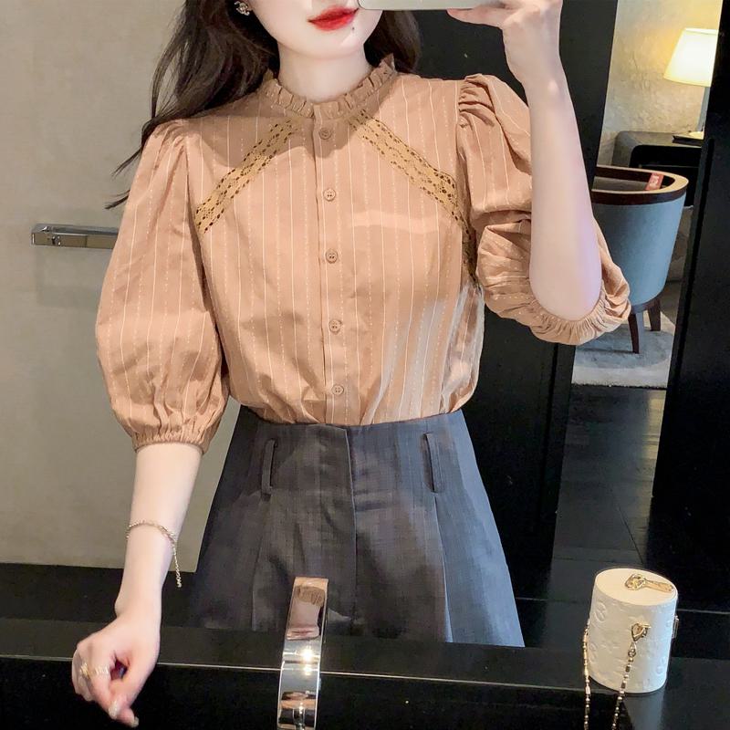 Bubble Sleeve Lace Stand-Up Collar Patchwork Stripe Blouse