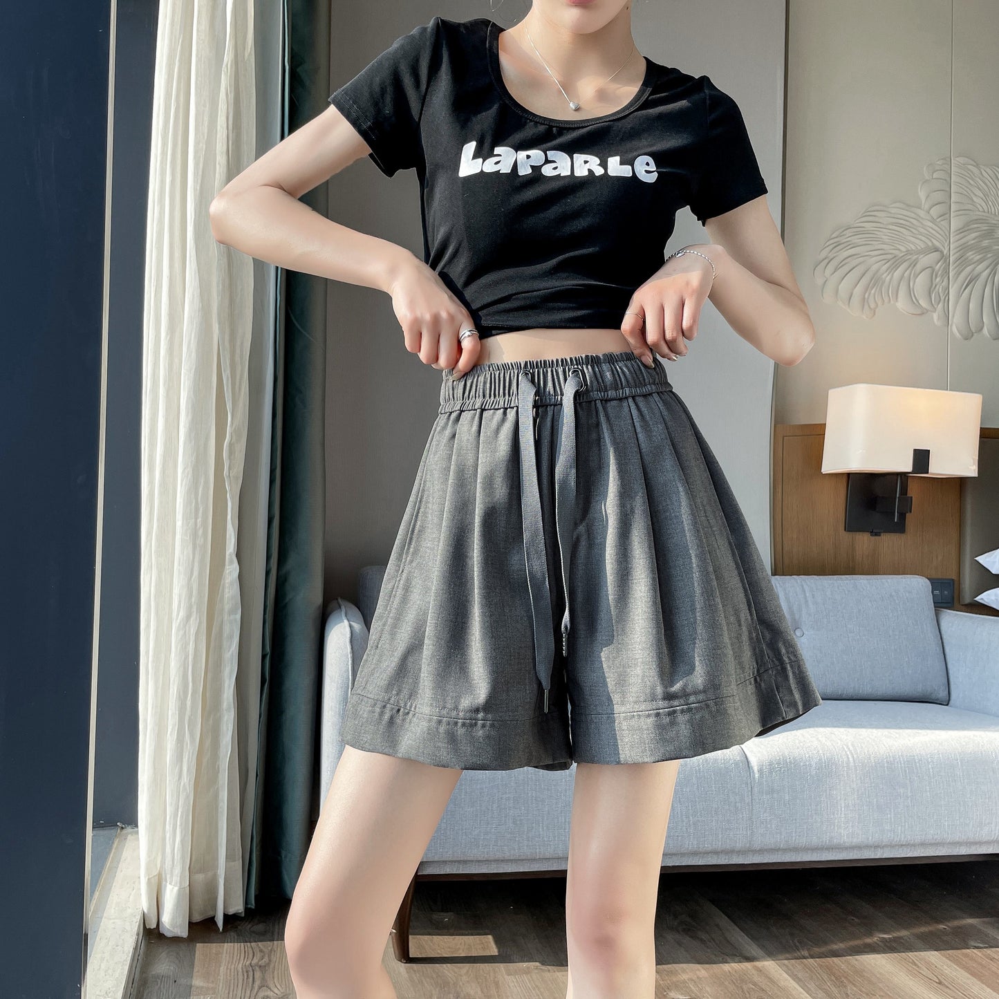 Thin Wide-Leg High-Waisted Loose-Fit Silky Drawstring Waist Sports Shorts