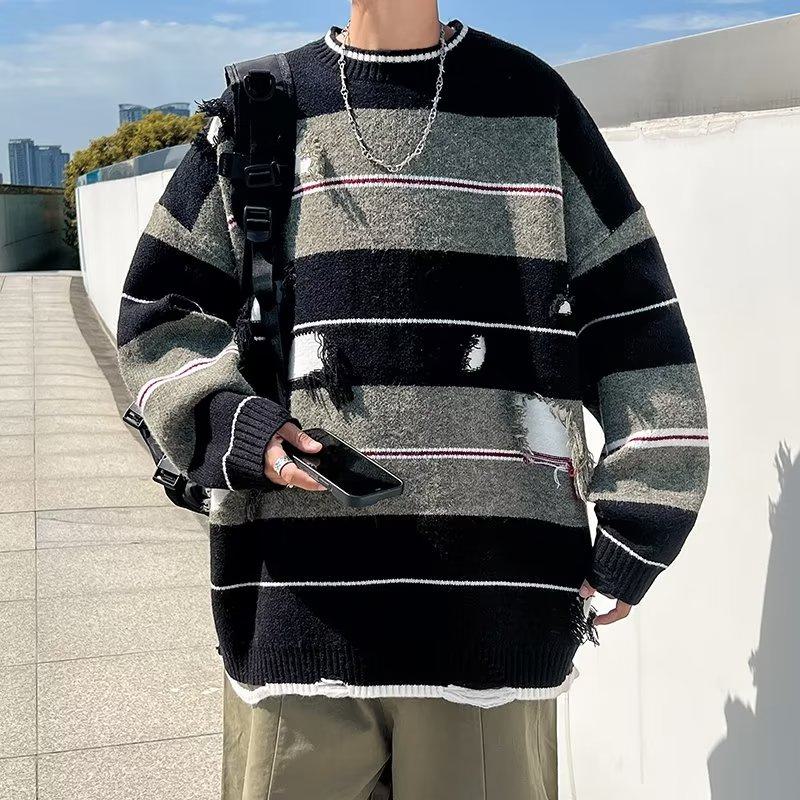 Pullover Round Neck Patchwork Casual Knitted Stripe Sweater