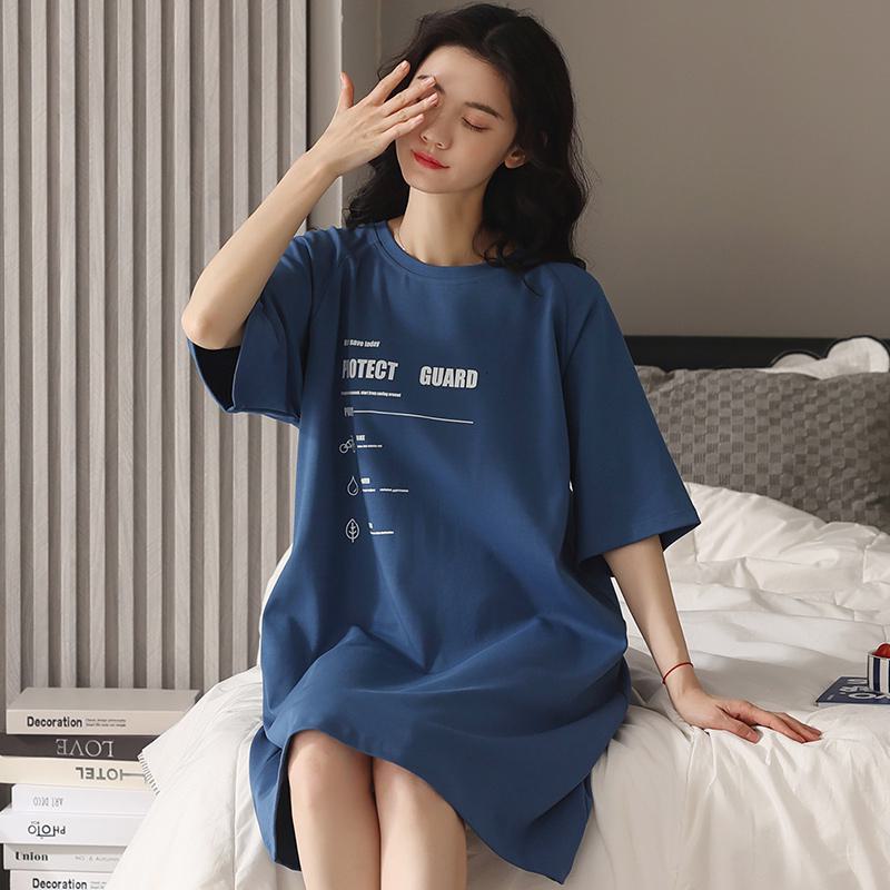 Pure Cotton Letter Round Neck Pullover Blue Lounge Dress