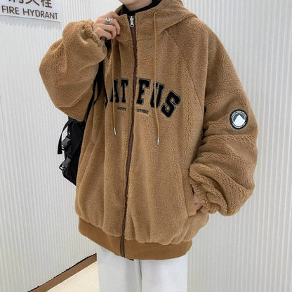 Lamb Wool Unisex Loose Fit Retro Thickened Hooded Reversible Teddy Coat