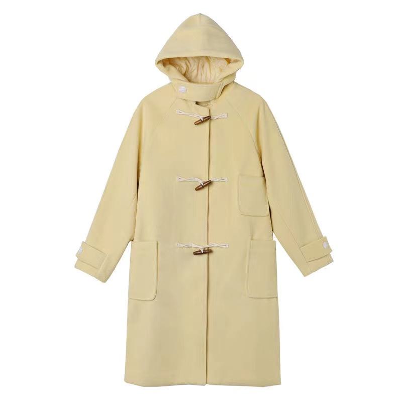 Knee-Length Horn Toggle Thickened Wool Hooded Duffle Coat