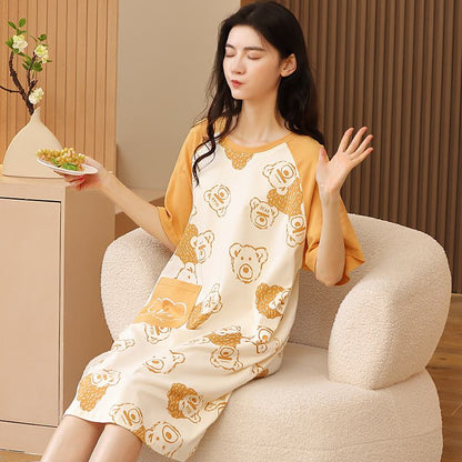 Cartoon Pocket Tightly Woven Pure Cotton Bear Pattern Lounge Dress