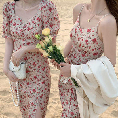 Vestido estilo francés con estampado floral retro de playa con cintura fruncida y abertura - Petite