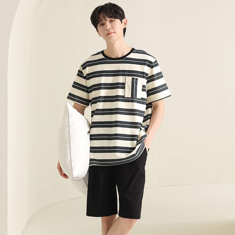 Stripe Pocket Tightly Woven Pure Cotton Short Sleeves Lounge Set