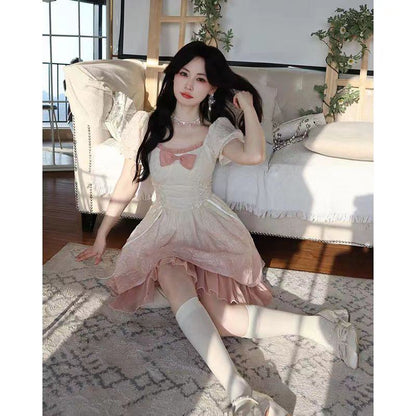 Gentle Slimming Cinched Waist Super Fairy Gradient French Style Bubble Sleeve Dress