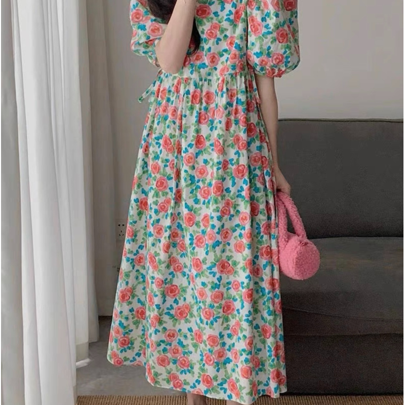 Round Neck Retro Floral Print A-Line Versatile Loose-Fit Slimming Dress