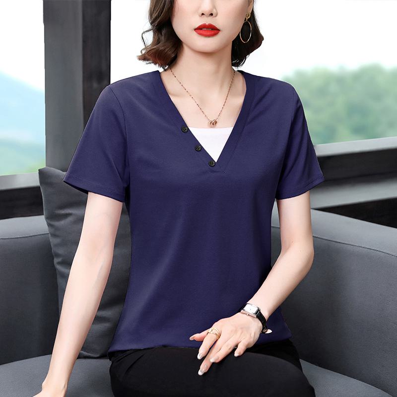Plus V-Neck Loose Fit Faux Two-Piece Casual Pure Cotton Short Sleeve Tee