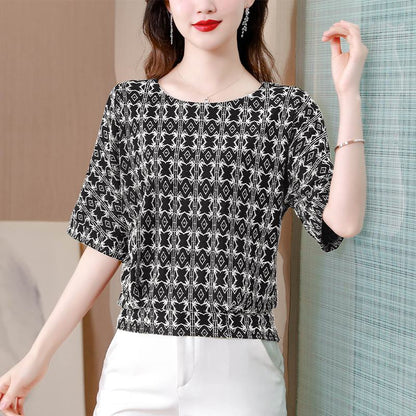 Women's T-Shirt Round Neck Pattern Soft Silky Short Sleeve Tee