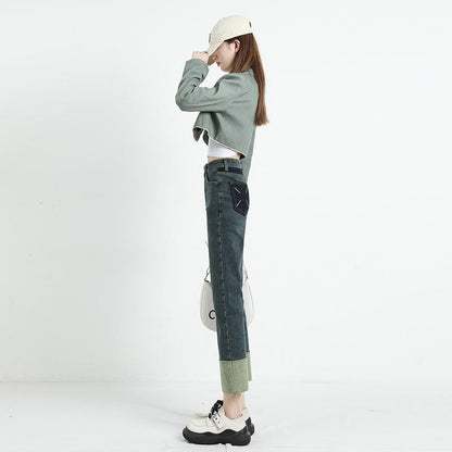 Pocket Loose Fit Color Blocking Straight High-Waisted Wide-Leg Jeans