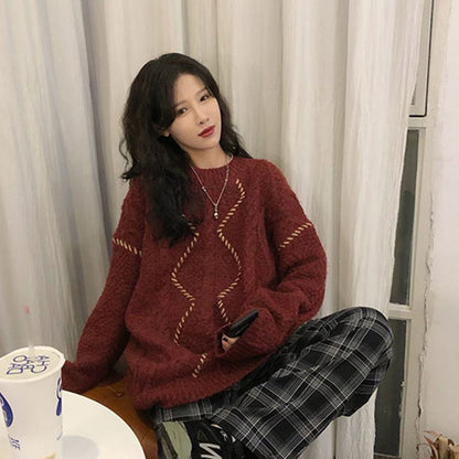 Lazy Niche Red Knitted Sweater